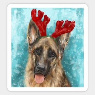 Painting of a German Shepherd With Red Reindeer Antlers Sticker